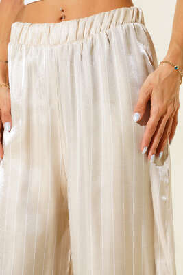 Çizgili Bol Paça Parlak Saten Pantolon Bej - Yılın Fırsatı