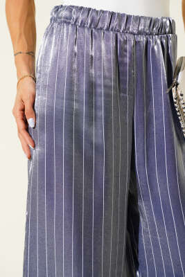 Çizgili Bol Paça Parlak Saten Pantolon Lacivert - Yılın Fırsatı