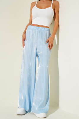 Çizgili Bol Paça Parlak Saten Pantolon Mavi - Yılın Fırsatı