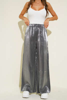 Çizgili Bol Paça Parlak Saten Pantolon Siyah - Yılın Fırsatı