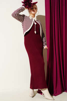 Çizgili Bolerolu Triko İkili Takım Bordo - FİXAY