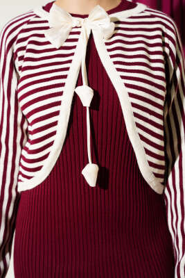 Çizgili Bolerolu Triko İkili Takım Bordo - İkili Takım