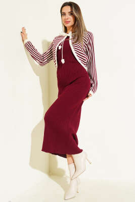 Çizgili Bolerolu Triko İkili Takım Bordo - FİXAY