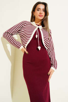 Çizgili Bolerolu Triko İkili Takım Bordo - Kadın Giyim Modelleri