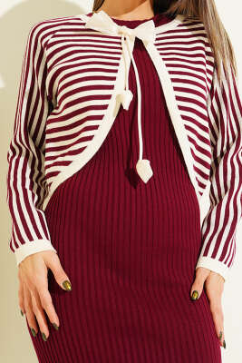 Çizgili Bolerolu Triko İkili Takım Bordo - Kadın Giyim Modelleri