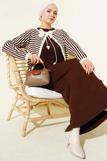 Çizgili Bolerolu Triko İkili Takım Kahverengi - İkili Takım