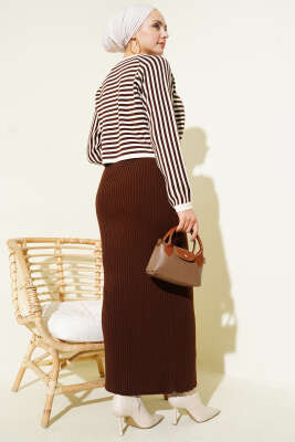 Çizgili Bolerolu Triko İkili Takım Kahverengi - İkili Takım