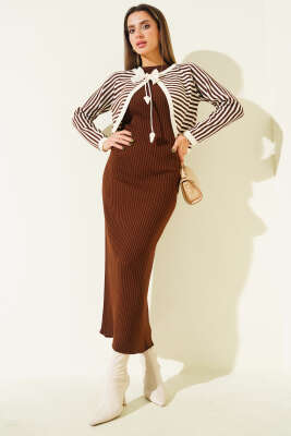 Çizgili Bolerolu Triko İkili Takım Kahverengi - FİXAY