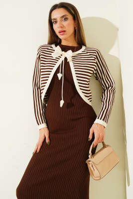 Çizgili Bolerolu Triko İkili Takım Kahverengi - Kadın Giyim Modelleri