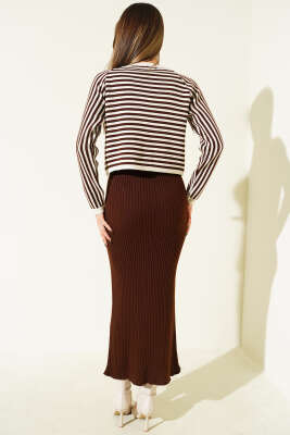 Çizgili Bolerolu Triko İkili Takım Kahverengi - Kadın Giyim Modelleri