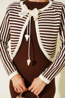 Çizgili Bolerolu Triko İkili Takım Kahverengi - Kadın Giyim Modelleri