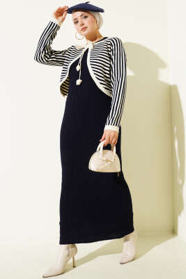 Çizgili Bolerolu Triko İkili Takım Lacivert - FİXAY