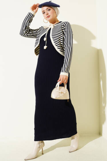 Çizgili Bolerolu Triko İkili Takım Lacivert - İkili Takım