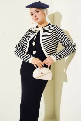 Çizgili Bolerolu Triko İkili Takım Lacivert - İkili Takım