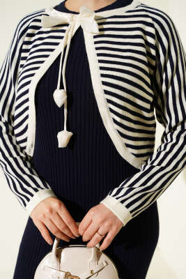 Çizgili Bolerolu Triko İkili Takım Lacivert - İkili Takım