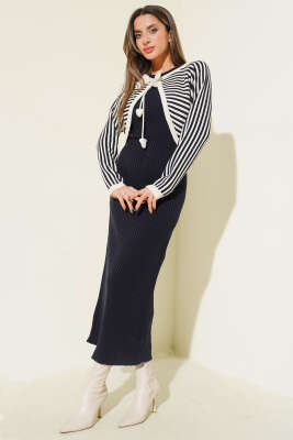 Çizgili Bolerolu Triko İkili Takım Lacivert - FİXAY