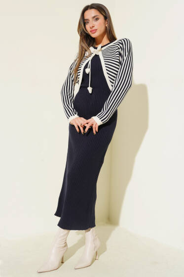Çizgili Bolerolu Triko İkili Takım Lacivert - Kadın Giyim Modelleri