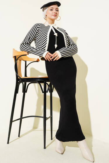 Çizgili Bolerolu Triko İkili Takım Siyah - İkili Takım