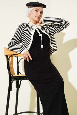 Çizgili Bolerolu Triko İkili Takım Siyah - İkili Takım