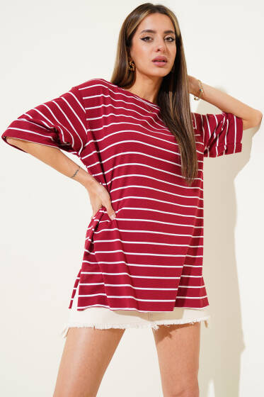 Çizgili Bordo Tshirt - Kadın Giyim Modelleri