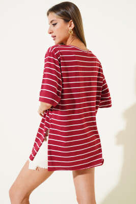 Çizgili Bordo Tshirt - Tunik