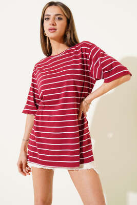 Çizgili Bordo Tshirt - Tunik