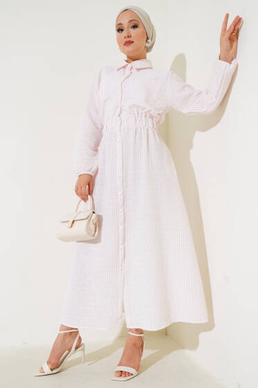 Çizgili Boydan Düğmeli Elbise Pembe - Elbise