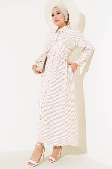 Çizgili Boydan Düğmeli Elbise Taba - Elbise