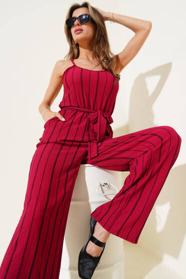 Çizgili Bürümcük İp Askılı Tulum Mürdüm - Kadın Giyim Modelleri