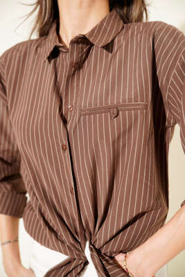 Çizgili Cep Görünümlü Gömlek Kahve - Kadın Giyim Modelleri