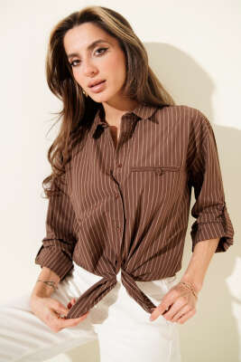 Çizgili Cep Görünümlü Gömlek Kahve - LUSTRİN