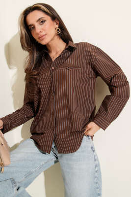 Çizgili Cep Görünümlü Gömlek Kestane - LUSTRİN