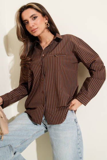 Çizgili Cep Görünümlü Gömlek Kestane - Kadın Giyim Modelleri