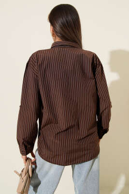 Çizgili Cep Görünümlü Gömlek Kestane - Kadın Giyim Modelleri