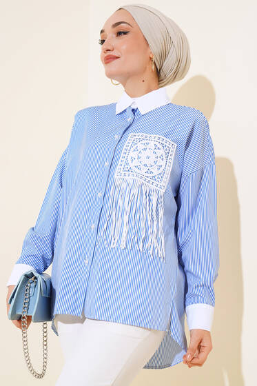 Çizgili Cep Püsküllü Gömlek Mavi - Gömlek
