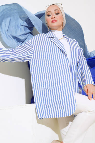 Çizgili Cepli Ceket İndigo - Ceket