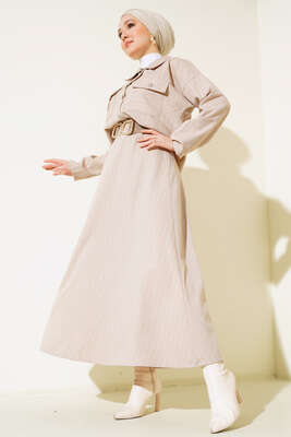 Çizgili Cepli Etekli Takım Bej 