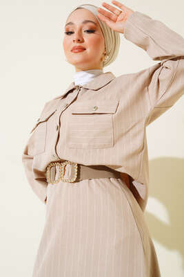 Çizgili Cepli Etekli Takım Bej - İKİLİ TAKIM