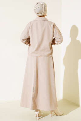 Çizgili Cepli Etekli Takım Bej - İKİLİ TAKIM