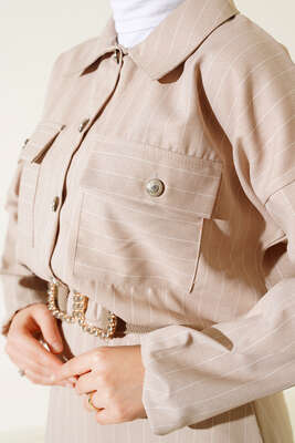 Çizgili Cepli Etekli Takım Bej - İKİLİ TAKIM