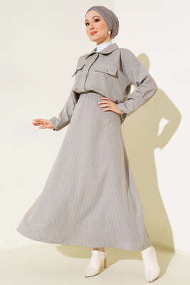 Çizgili Cepli Etekli Takım Gri 