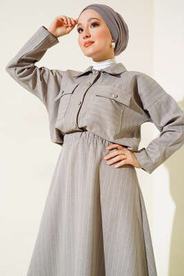 Çizgili Cepli Etekli Takım Gri - İKİLİ TAKIM