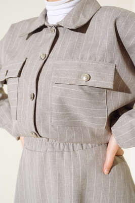 Çizgili Cepli Etekli Takım Gri - İKİLİ TAKIM