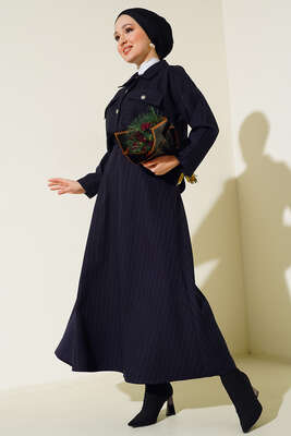 Çizgili Cepli Etekli Takım Lacivert 