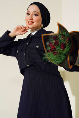 Çizgili Cepli Etekli Takım Lacivert - İKİLİ TAKIM