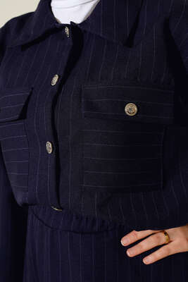 Çizgili Cepli Etekli Takım Lacivert - İKİLİ TAKIM