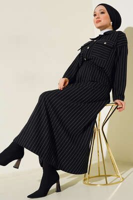 Çizgili Cepli Etekli Takım Siyah - NEVA MODA