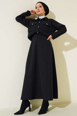 Çizgili Cepli Etekli Takım Siyah - İKİLİ TAKIM