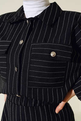 Çizgili Cepli Etekli Takım Siyah - İKİLİ TAKIM