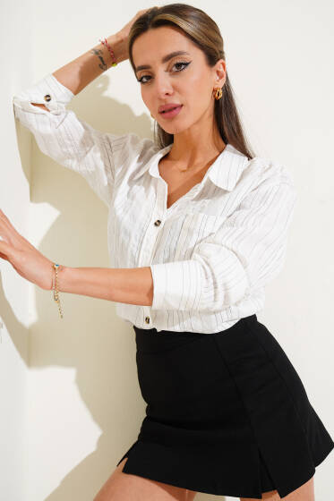 Çizgili Cepli Kısa Gömlek Beyaz - Kadın Giyim Modelleri